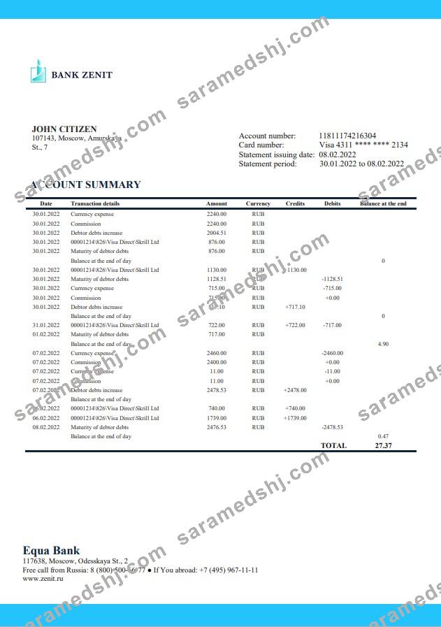 Russia Zenit Bank statement